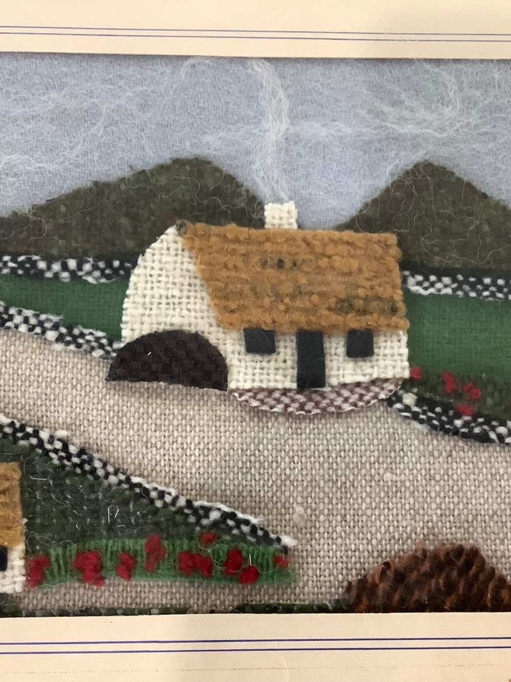 Vintage felted framed picture of house 10.5 x 12.5”